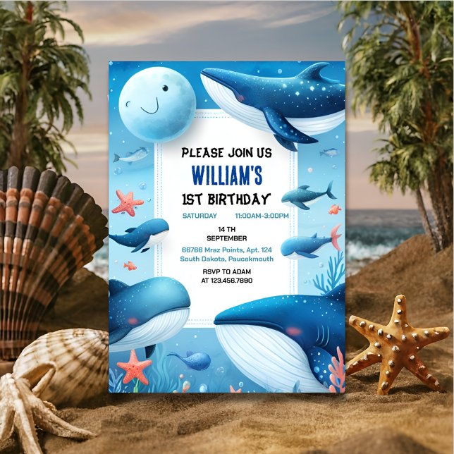 splash cool fish sea blue whale shark 1st Birthday Invitation (Creator Uploaded)