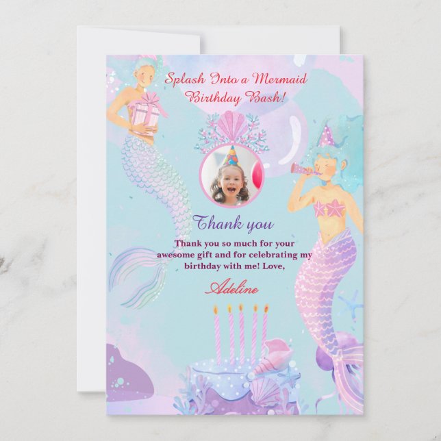 Splash Into a Mermaid Birthday Bash! Thank You Card (Front)