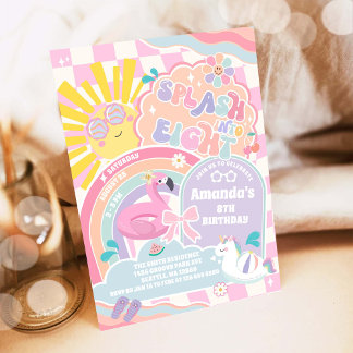Splash Into Eight Rainbow Sun 8th Birthday Invitation