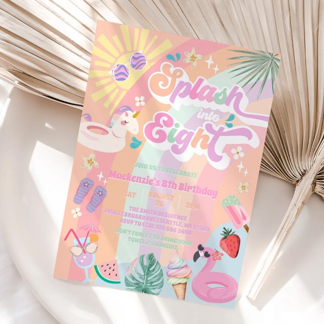 Splash Into Eight Summer Rainbow Sun 8th Birthday  Invitation (Creator Uploaded)
