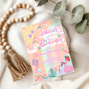 Splash Into Eleven Summer Rainbow Sun 11th Bday Invitation