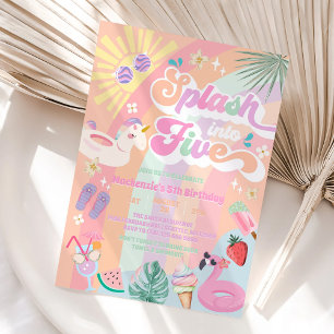 Splash Into Five Summer Rainbow Sun 5th Birthday Invitation