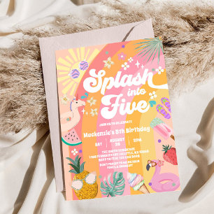 Splash Into Five Summer Rainbow Sun 5th Birthday Invitation