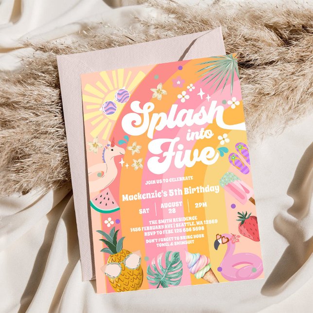 Splash Into Five Summer Rainbow Sun 5th Birthday Invitation (Creator Uploaded)