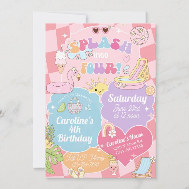 Splash into Four girl pool birthday invite. Invitation (Front)
