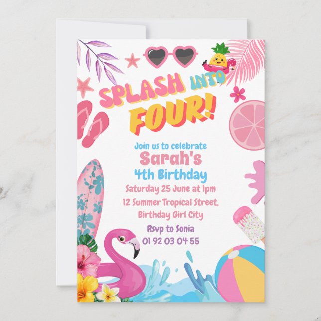 Splash Into Four Retro 4th Pool Birthday Party Invitation (Front)