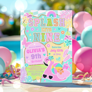 Splash Into Nine Preppy Girl Pool Party Birthday Invitation