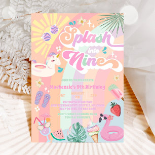 Splash Into Nine Summer Rainbow Sun 9th Birthday  Invitation