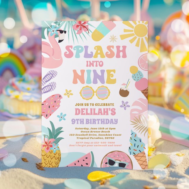 Splash Into Nine Tropical Beach 9th Birthday Party Invitation (Creator Uploaded)
