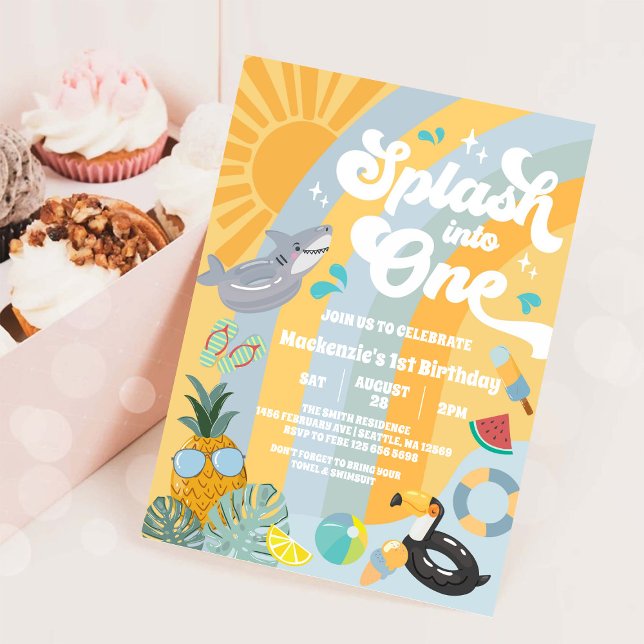 Splash Into One Summer Rainbow Sun 1st Birthday Invitation (Creator Uploaded)