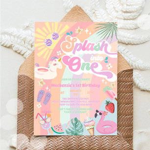 Splash Into One Summer Rainbow Sun 1st Birthday Invitation