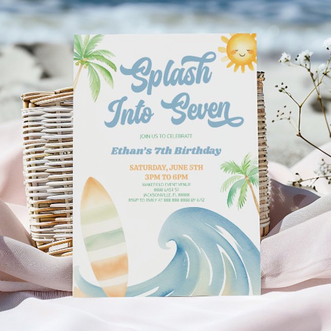 Splash Into Seven Beach Surf 7th Birthday Party Invitation (Creator Uploaded)