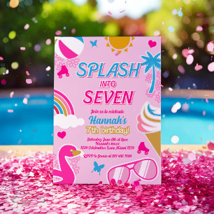 Splash into seven Pool Party Birthday Girl summer Invitation