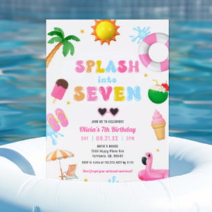 Splash Into Seven Pool Party Girl 7th Birthday  Invitation