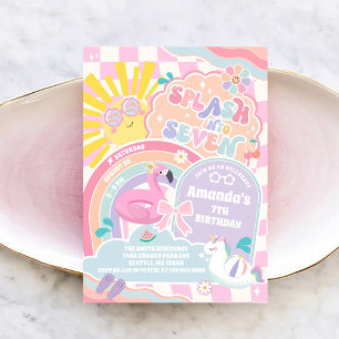 Splash Into Seven Pool Party Rainbow 7th Birthday  Invitation