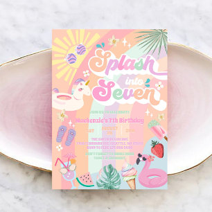Splash Into Seven Summer Rainbow Sun 7th Birthday Invitation