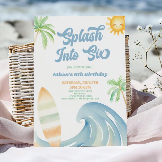 Splash Into Six Beach Surf Blue 6th Birthday Party Invitation (Creator Uploaded)