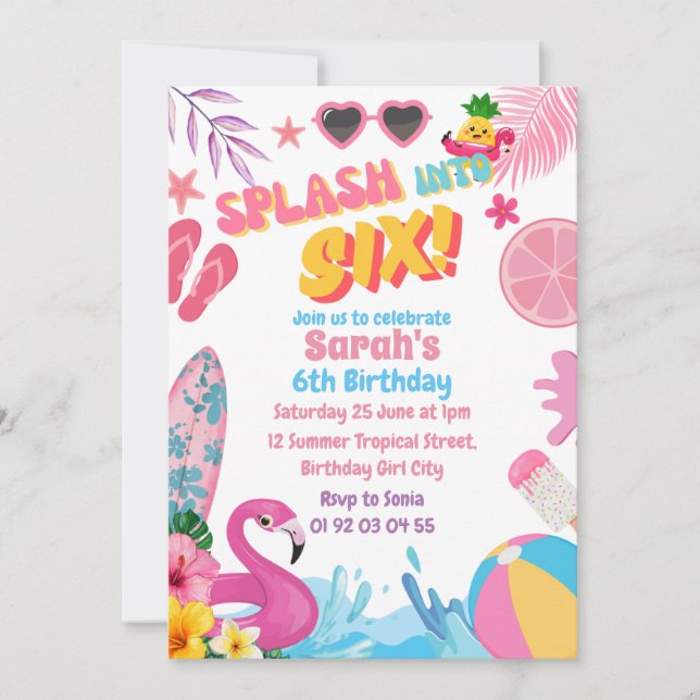 Splash Into Six Retro 6th Pool Birthday Party Invitation (Front)