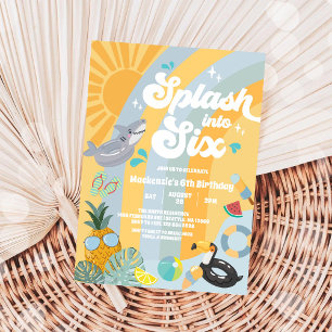 Splash Into Six Summer Rainbow Sun 6th Birthday  Invitation