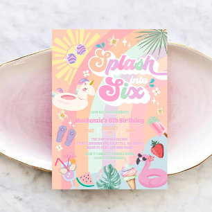 Splash Into Six Summer Rainbow Sun 6th Birthday  Invitation