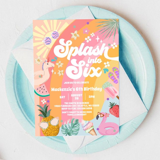 Splash Into Six Summer Rainbow Sun 6th Birthday Invitation (Creator Uploaded)