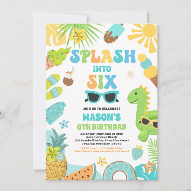 Splash Into Six Tropical Beach 6th Birthday Party Invitation (Front)