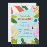 Splash Into Summer Pool Party Invitation<br><div class="desc">Celebrate the start of summer with a fun pool party for kids! This bright and modern invitation features colourful pool floaties, tropical leaves, and summer-themed elements around the border. Personalise it with your party details to create a festive invite that sets the tone for a splashing good time. Available as...</div>
