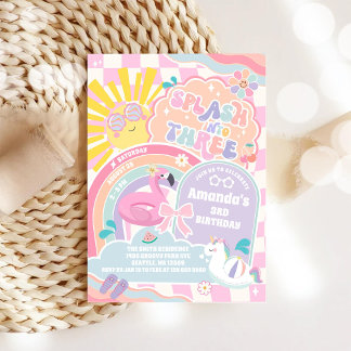 Splash Into Three Pool Party Rainbow 3rd Birthday Invitation