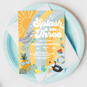 Splash Into Three Summer Rainbow Sun 3rd Birthday  Invitation
