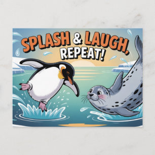 "Splash & Laugh" Whimsical Arctic Penguin and Seal Postcard
