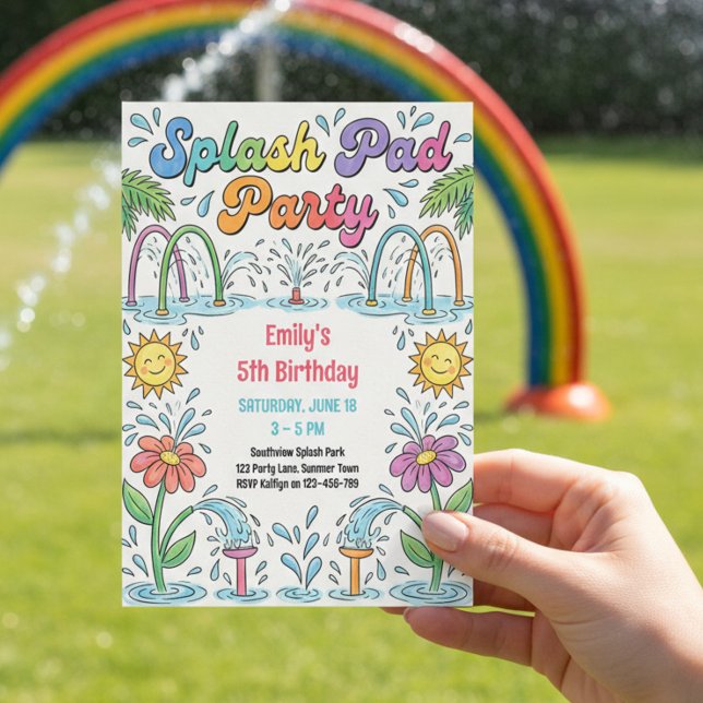 Splash Pad Party Colourful Summer Kids Birthday Invitation (Splash Pad Party birthday invitation which you can edit for any age)
