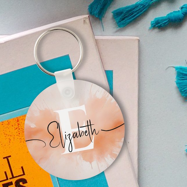 Splash Peach Watercolor Trendy Chic Monogram Key Ring (Creator Uploaded)