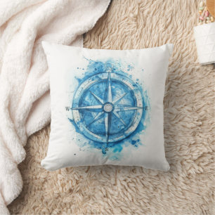 Splashed Compass - blue artistic water colour Cushion