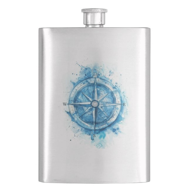Splashed Compass - blue artistic water colour Hip Flask (Front)
