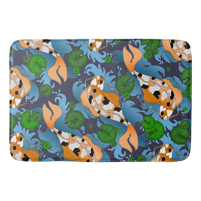 Splashing Asian Carp Koi Fish Pond Lilies Bath Mat (Front)