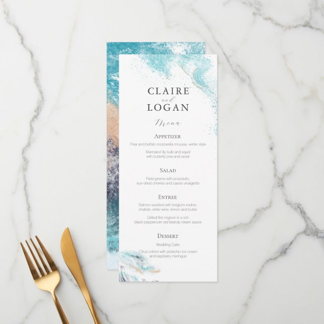 Splashing Blue Waves Coastal Wedding Menu (Front/Back In Situ)