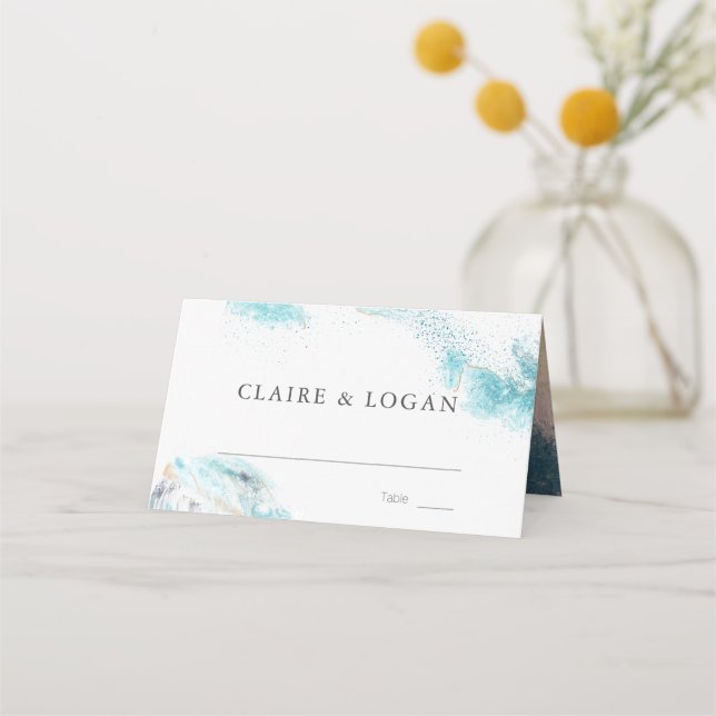 Splashing Blue Waves Coastal Wedding Place Card (Front)