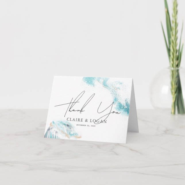 Splashing Blue Waves Coastal Wedding Thank You Card (Front)
