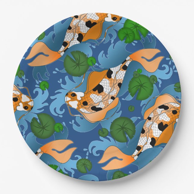 Splashing Koi Fish and Pond Lilies Custom Paper Plate (Front)