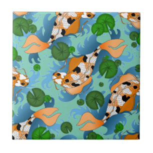 Splashing Koi Fish and Pond Lilies Custom Tile