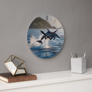 Splashing Leaping Solo Dolphin In The Ocean, Large Clock