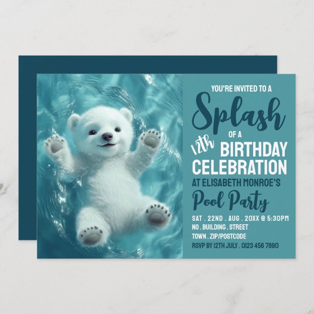 Splashing Polar Bear, Pool Party Birthday  Invitation (Front/Back)
