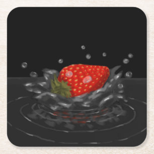 Splashing strawberry square paper coaster
