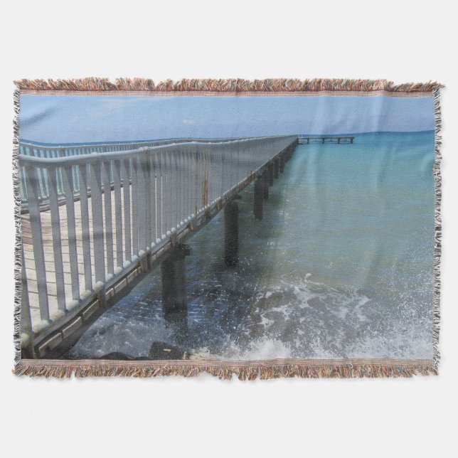 Splashing Waves on Wharf Design Throw Blanket (Front)