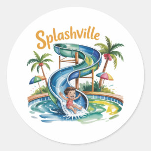 Splashville Water Slide Boy Birthday Party Classic Round Sticker