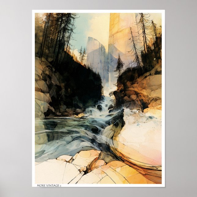 Splashy illustration of mountani stream.  poster (Front)