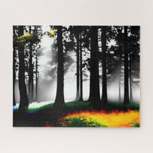 Splathered Rainbow Paint on Silhouette Forest Jigsaw Puzzle