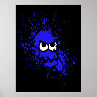 Splatoon Black Squid with Blank Eyes on Blue Splat Poster