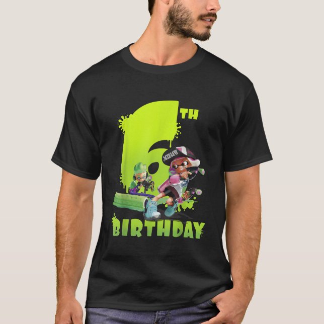 Splatoon Inkling 6th Birthday Green Splatter Portr T-Shirt (Front)