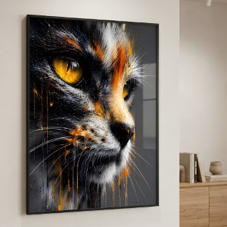 Splatter Art Cat Portrait Vibrant Orange & Grey  Poster